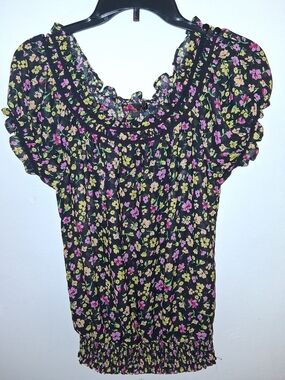 Source Unknown Black Floral Puff-Sleeve Blouse with Pink & Yellow Flowers